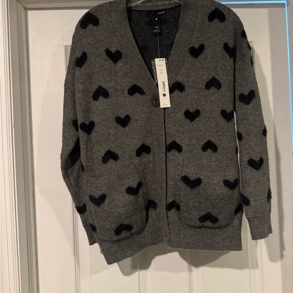 Aqua Heather Gray Knit Cardigan with Black hearts Detailing XS - Picture 3 of 10